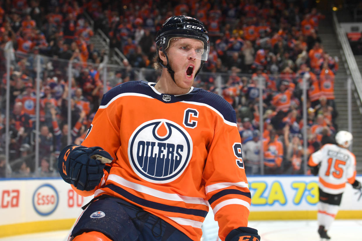 EDMONTON, AB - OCTOBER 16:  Connor McDavid #97 of the Edmonton Oilers celebrates after scoring a goal during the game against the Philadelphia Flyers on October 16, 2019, at Rogers Place in Edmonton, Alberta, Canada. (Photo by Andy Devlin/NHLI via Getty Images)