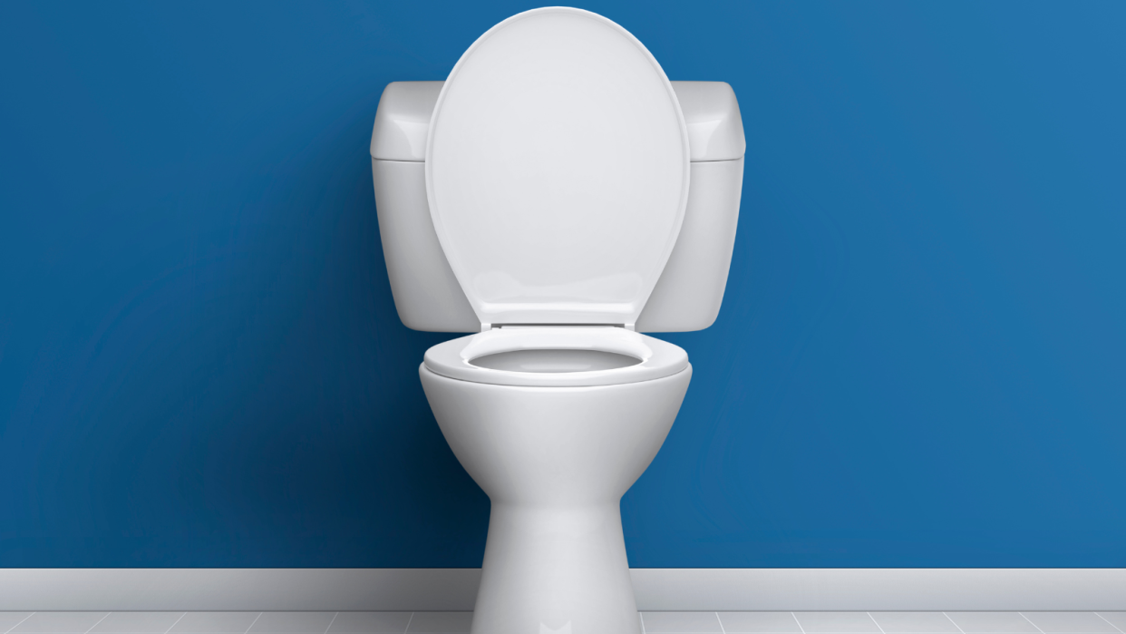 a white toilet against a blue wall