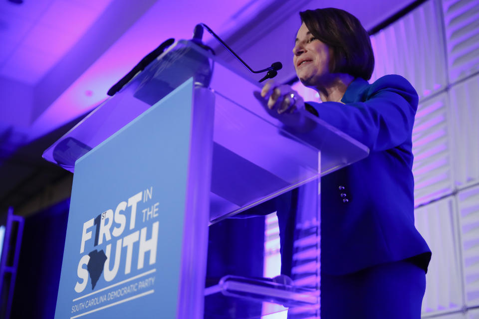 Democratic presidential candidate Sen. Amy Klobuchar, D-Minn speaks at the First in the South Dinner, Monday, Feb. 24, 2020, in Charleston, S.C. (AP Photo/Matt Rourke)