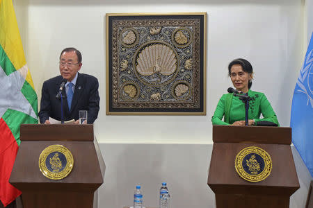 Ban Ki-moon, Secretary General of the United Nations, talks to reporters during the joint press conference with Myanmar's Foreign Minister Aung San Suu Kyi at Myanmar's Ministry of Foreign Affairs in Naypyitaw, Myanmar August 30, 2016. REUTERS/Stringer