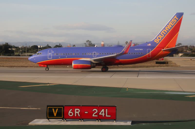 FILE PHOTO: A Southwest Airlines Boeing 737 plane sits on the runway waiting to take off at LAX airport in Los Angeles