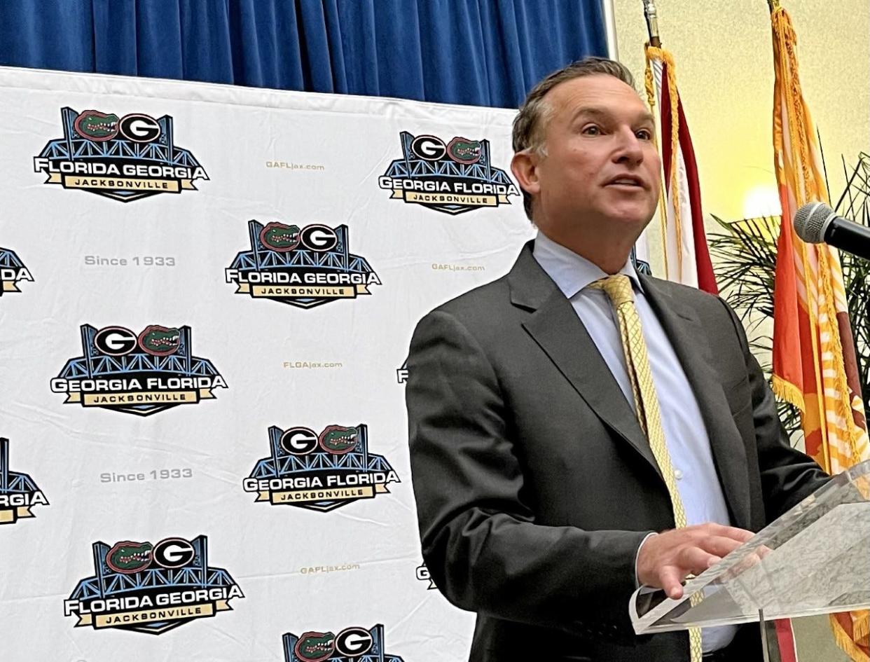 Jacksonville Mayor Lenny Curry presides over a news conference at City Hall on Tuesday outlining the logistical plan for Saturday Georgia-Florida football game. It will be the last under his administration.