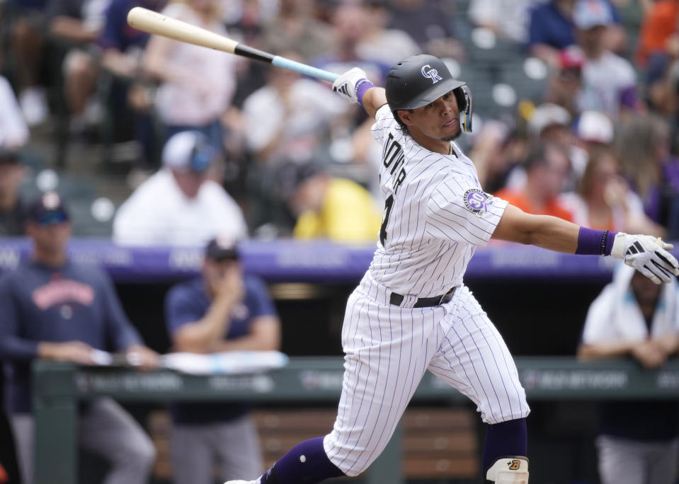 Colorado Rockies' Ezequiel Tovar strikes out against Houston Astros starting pitcher Brandon Bielak to end the second inning of a baseball game Wednesday, July 19, 2023, in Denver. (AP Photo/David Zalubowski)