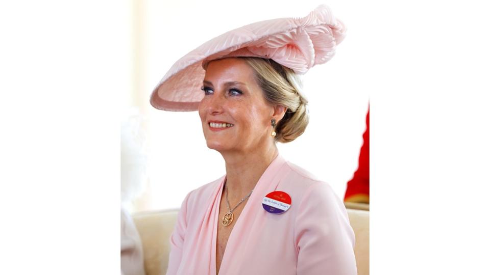 Sophie, Duchess of Edinburgh in pastel pink dress with matching hat