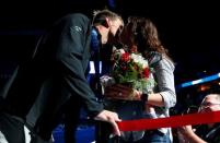 Jun 29, 2016; Omaha, NE, USA; Michael Phelps greets fiance Nicole Johnson during swim trials in the U.S. Olympic swimming team trials at CenturyLink Center. Mandatory Credit: Erich Schlegel-USA TODAY Sports