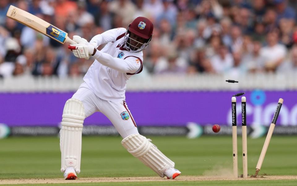 Shamar Joseph is bowled by Gus Atkinson during West Indies' heavy defeat in the first Test at Lord's