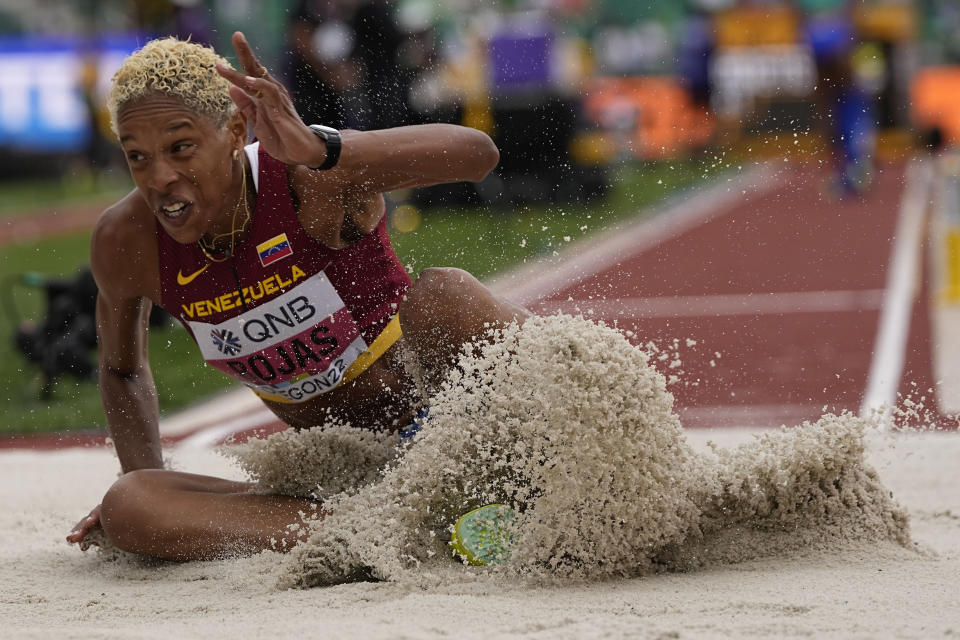 Yulimar Rojas, of Venezuela, competes during qualifying for the women's triple jump at the World Athletics Championships on Saturday, July 16, 2022, in Eugene, Ore. (AP Photo/David J. Phillip)