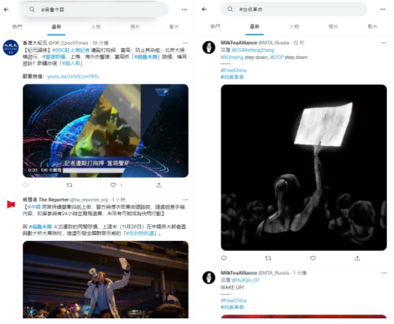「#白紙革命」、「#烏魯木齊」等熱門關鍵字，目前都沒有被垃圾訊息洗版，用戶仍可以第一時間觀看到相關資訊。   圖：翻攝自推特