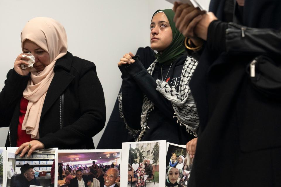 Dec 19, 2023; Newark, NJ, USA; (Left) Ola and Jomana (last names withheld at request of CAIR-NJ) during a press conference at the office of CAIR-NJ for Palestinian American families who together lost more than 1,000 family members during the Israel-Hamas war.