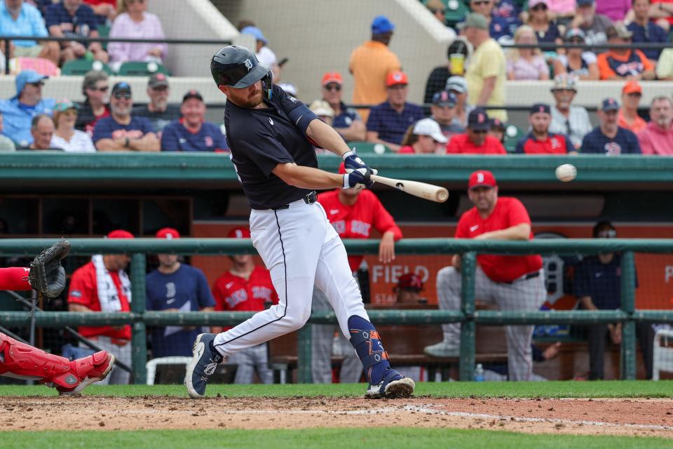 Detroit Tigers catcher Jake Rogers doubles during the fourth inning against the Boston Red Sox at Publix Field at Joker Marchant Stadium, March 4, 2024.