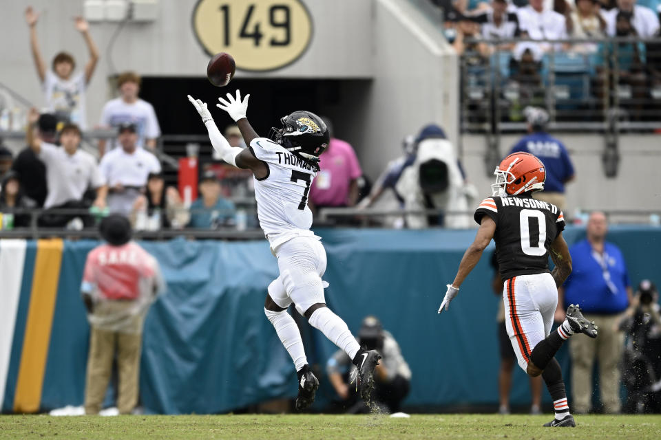 Jacksonville Jaguars wide receiver Brian Thomas Jr. (7) makes a reception after getting past Cleveland Browns cornerback Greg Newsome II (0) during the second half of an NFL football game Sunday, Sept. 15, 2024, in Jacksonville, Fla. (AP Photo/Phelan M. Ebenhack)