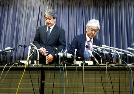 KYB Corp. Senior Managing Executive Officer Keisuke Saito and Kayaba System Machinery Co. President Shigeki Hirokado attend a news conference at the Land, Infrastructure, Transport and Tourism Ministry in Tokyo, Japan October 19, 2018. REUTERS/Issei Kato