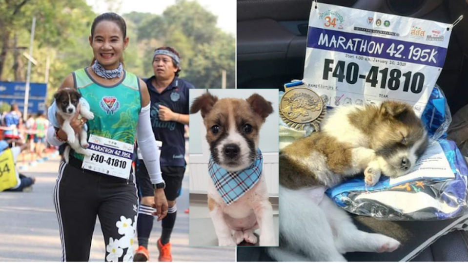 Khemjira Klongsanun y Chombueng, su nueva mascota, el perrito que encontró mientras corría un maratón. Foto: Redes Sociales