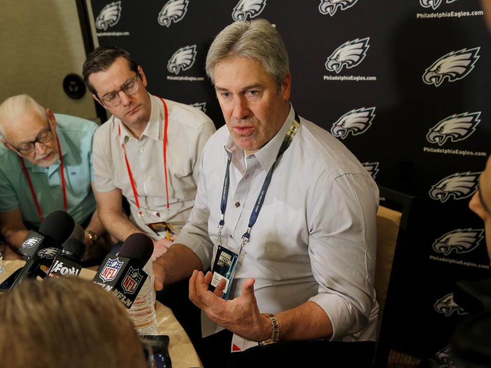 Philadelphia Eagles head coach Doug Pederson speaks to the media during the NFC/AFC coaches breakfast during the annual NFL football owners meetings, Tuesday, March 26, 2019, in Phoenix. (AP Photo/Matt York)