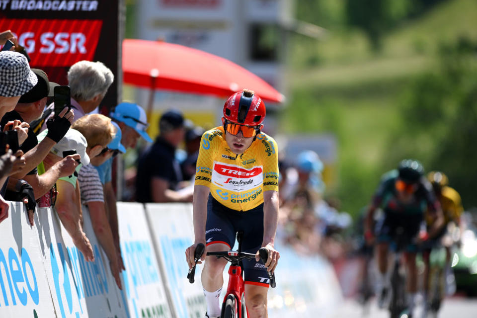 Former leader Mattias Skjelmose crosses the finish line of stage 4 of the Tour de Suisse