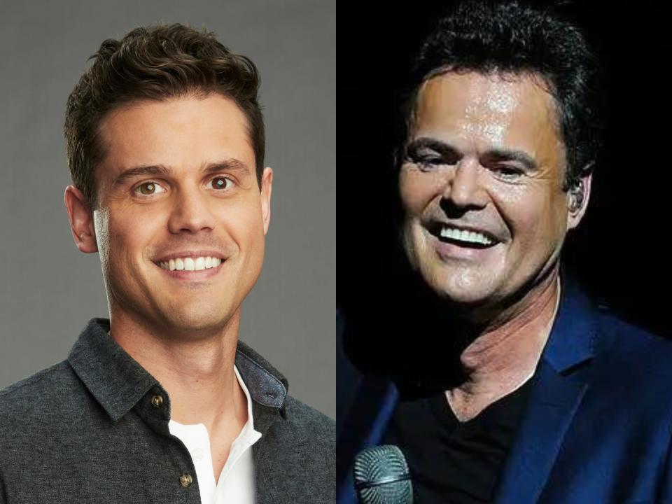 left: chris osmond, a young man in a grey jacked smiling; right: donny osmond, smiling and holding a microphone