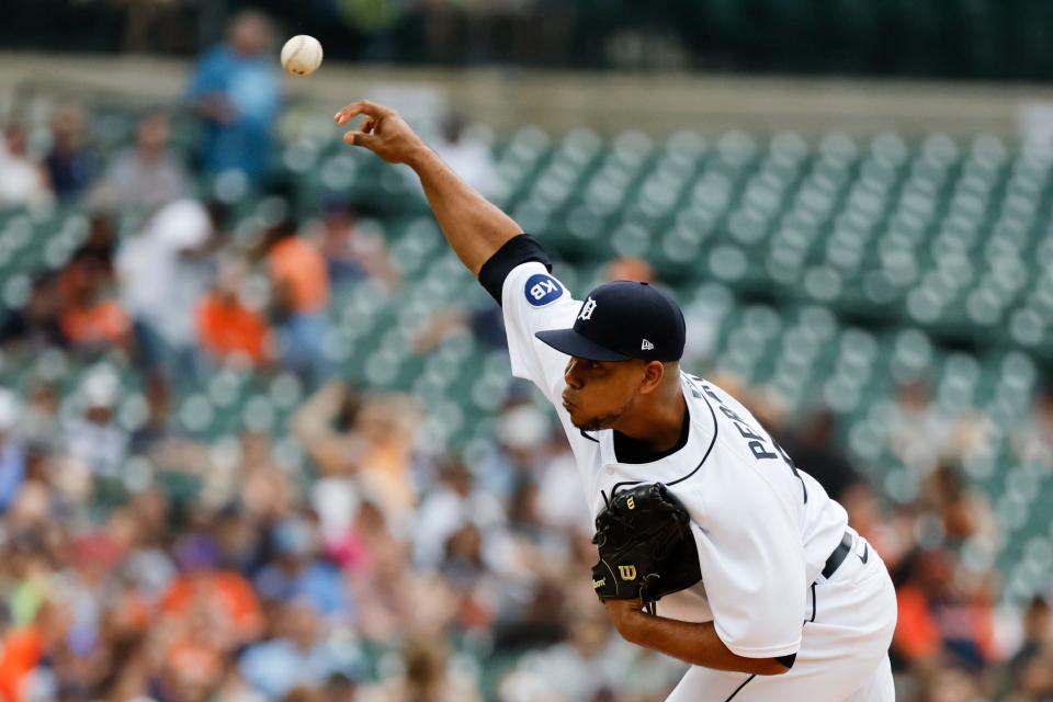 Tigers reliever Wily Peralta pitches in the second inning May 14, 2022 against the Orioles at Comerica Park in Detroit.