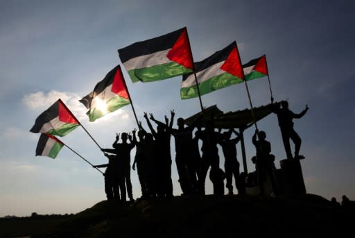 Palestinians wave their national flag during a protest near the Israel-Gaza border on January 9, 2018