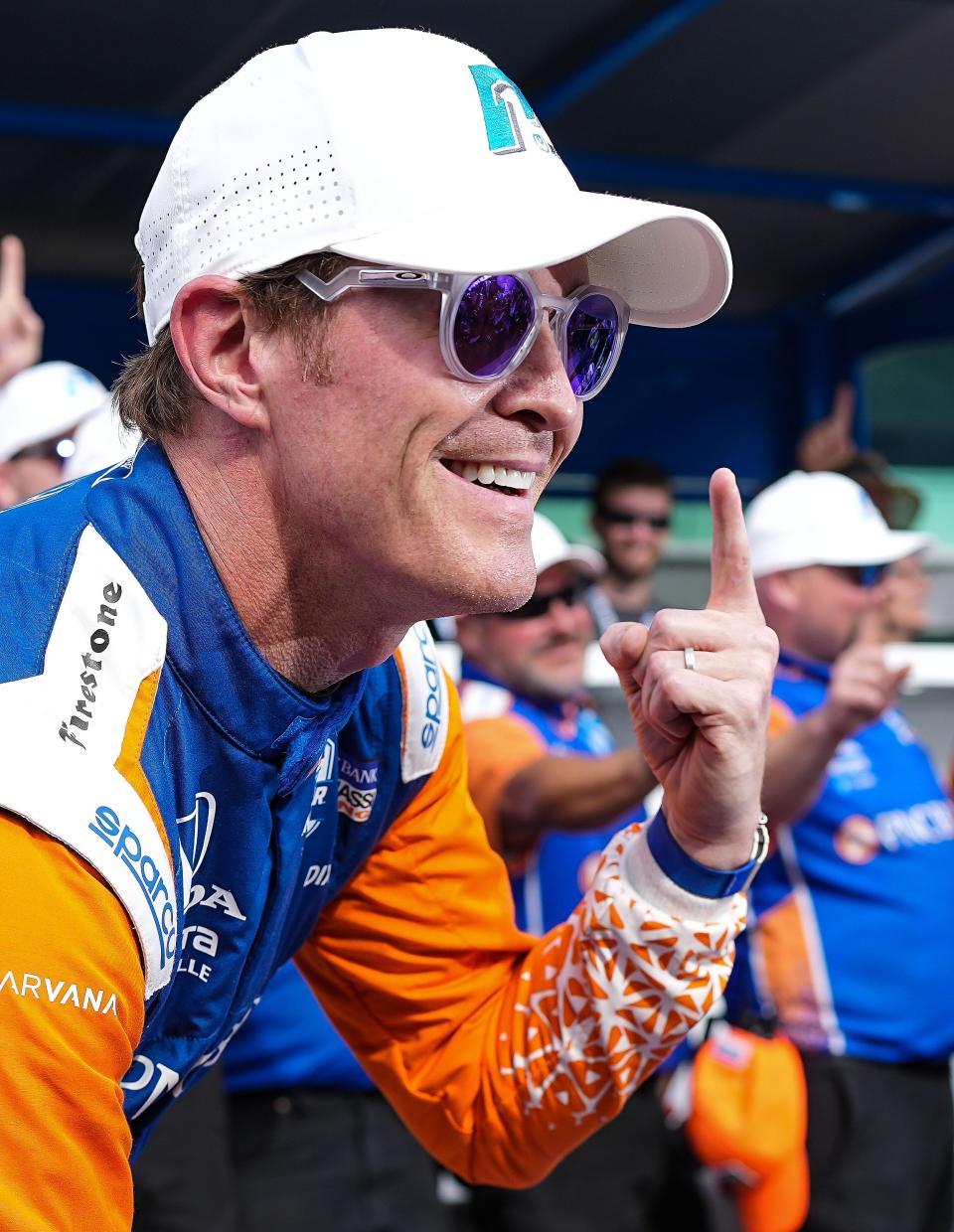 Chip Ganassi Racing driver Scott Dixon (9) celebrates pole position during qualifying for the 106th running of the Indianapolis 500 on Sunday, May 22, 2022, at Indianapolis Motor Speedway, in Indianapolis. 