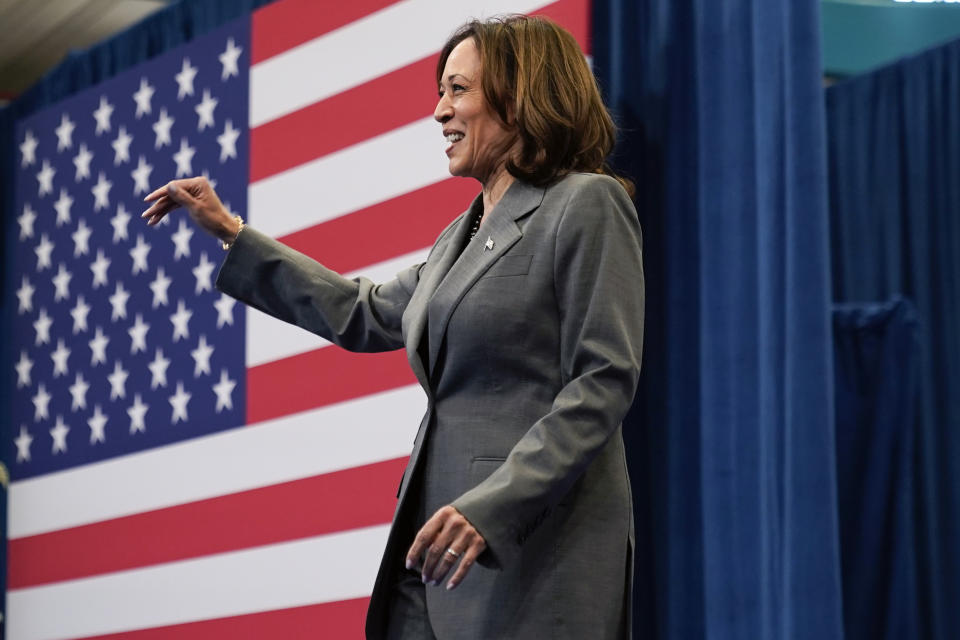 Vice President Kamala Harris walks out during a campaign event with President Joe Biden in Raleigh, N.C., Tuesday, March 26, 2024. (AP Photo/Stephanie Scarbrough)