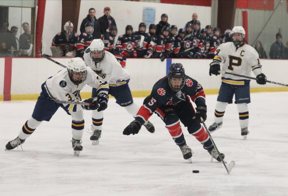 Ryan Nichols from Byram Hills skates toward the net during the Pelham vs. Byram Hills Section One Division II hockey championship at the Brewster Ice Arena in Brewster, Feb. 25, 2024.
