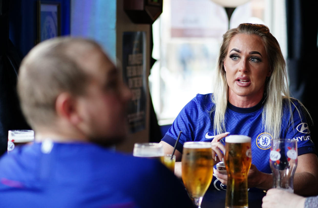 Chelsea fans in The Chelsea Pensioner Pub before the Premier League match between Chelsea and Leicester City at Stamford Bridge, London. Picture date: Tuesday May 18, 2021. (Photo by John Walton/PA Images via Getty Images)
