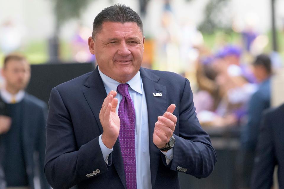 LSU head coach Ed Orgeron arrives for Saturday's game against Florida.