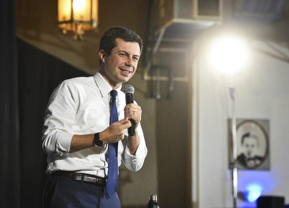 Democratic presidential candidate and Mayor of South Bend, Ind., Pete Buttigieg speaks during a campaign stop at the Danceland Ballroom Saturday, Dec. 7, 2019, in Davenport. (Meg McLaughlin/The Dispatch - The Rock Island Argus via AP)