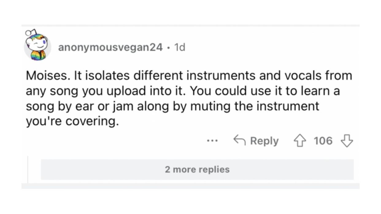 Reddit screenshot about an app that isolates different instruments and vocals from songs.
