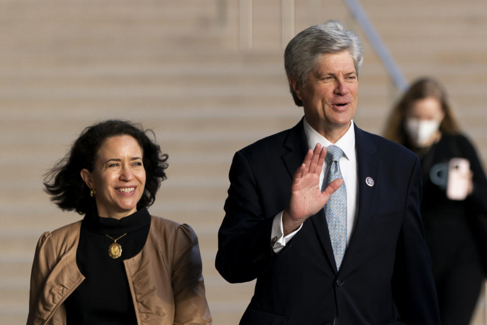 FILE - U.S. Rep. Jeff Fortenberry, R-Neb., right, and wife, Celeste, arrive at the federal courthouse for his trial in Los Angeles, Wednesday, March 16, 2022. Fortenberry was convicted Thursday, March 24, 2022, of charges that he lied to federal authorities about an illegal $30,000 contribution to his campaign from a foreign billionaire at a 2016 Los Angeles fundraiser.(AP Photo/Jae C. Hong, File)