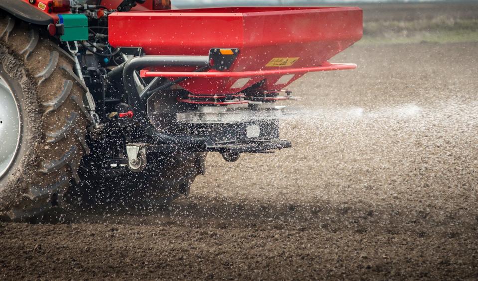 La parte trasera de un tractor arroja pequeñas bolitas de fertilizante, del tamaño de un guisante.