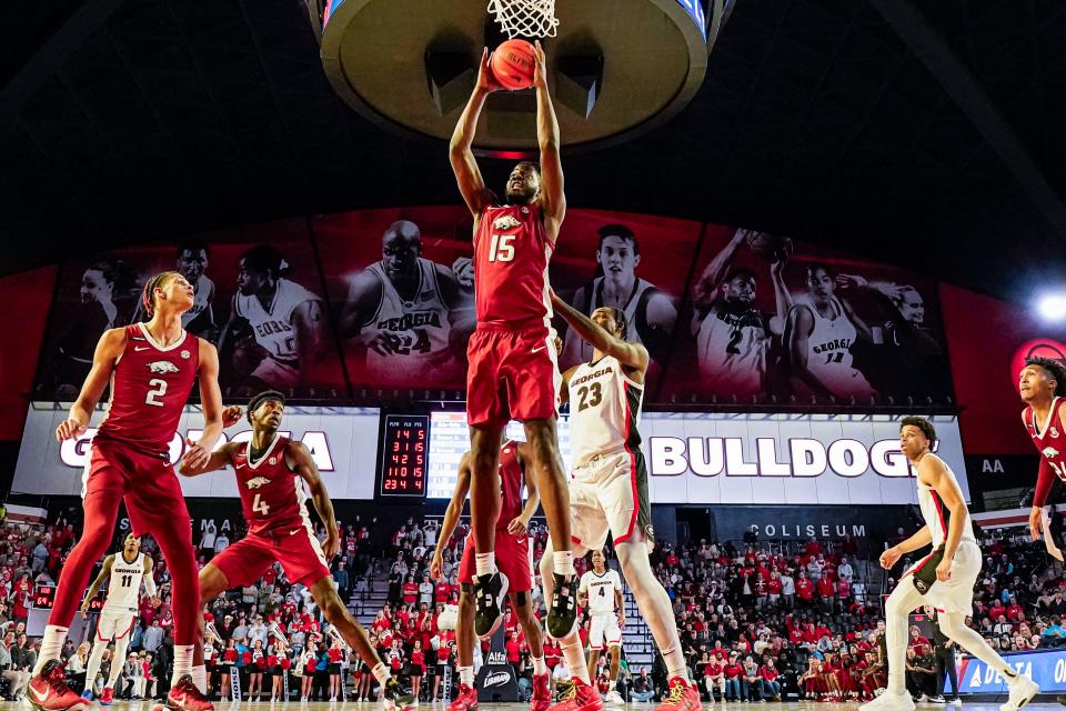 Jan 10, 2024; Athens, Georgia, USA; Arkansas Razorbacks forward Makhi Mitchell (15) grabs a rebound against the Georgia Bulldogs at Stegeman Coliseum. Mandatory Credit: Dale Zanine-USA TODAY Sports