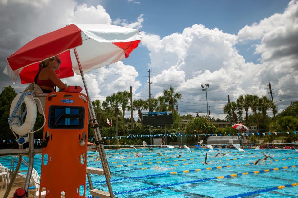 A lifeguard watches swimmers at the Trousdell Aquatics Center on Tuesday, July 5, 2022 in Tallahassee, Fla. 