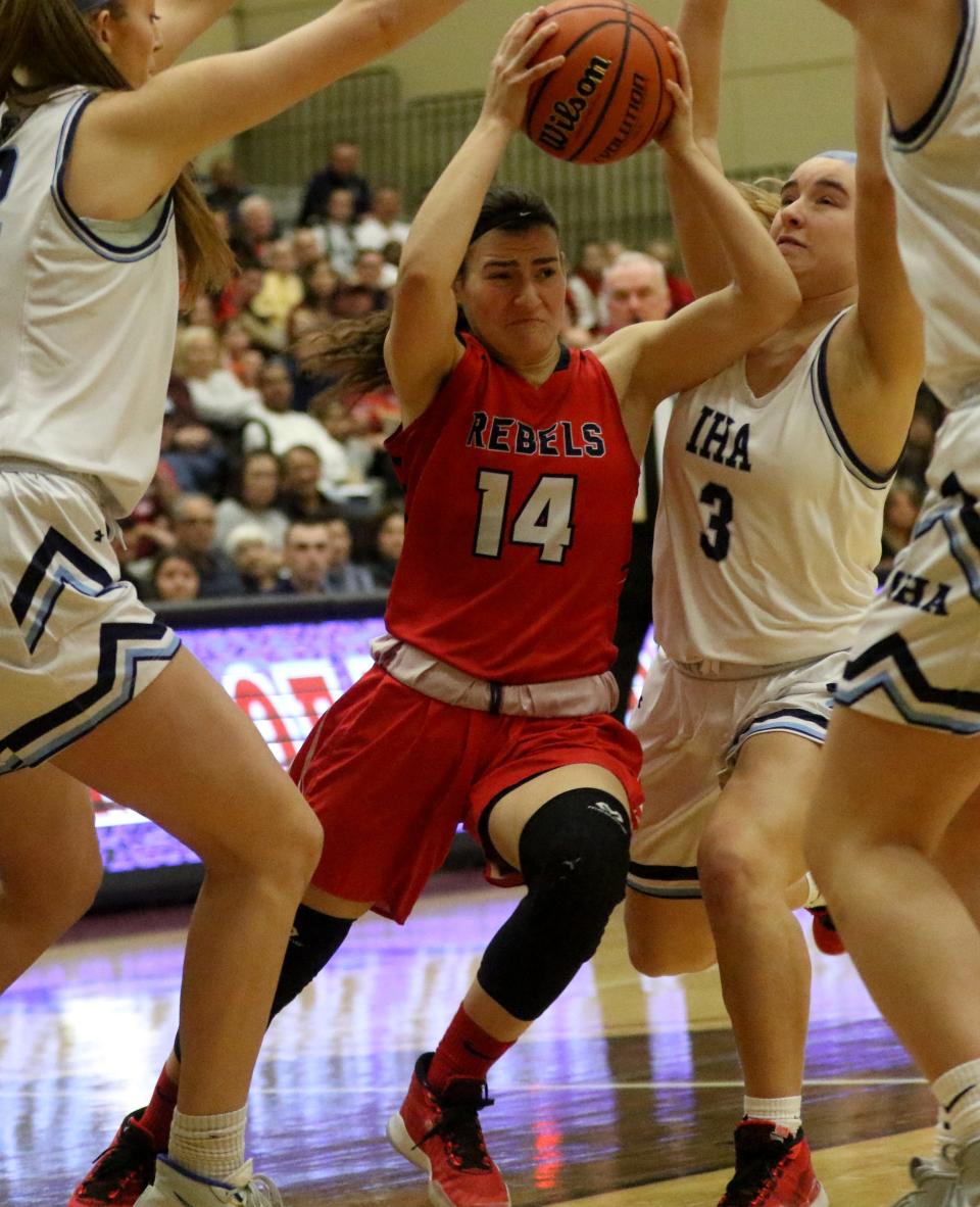 Jordan Janowski, of Saddle River Day, tries to make her way past the defense of Immaculate Heart Academy. Sunday, February 23, 2020