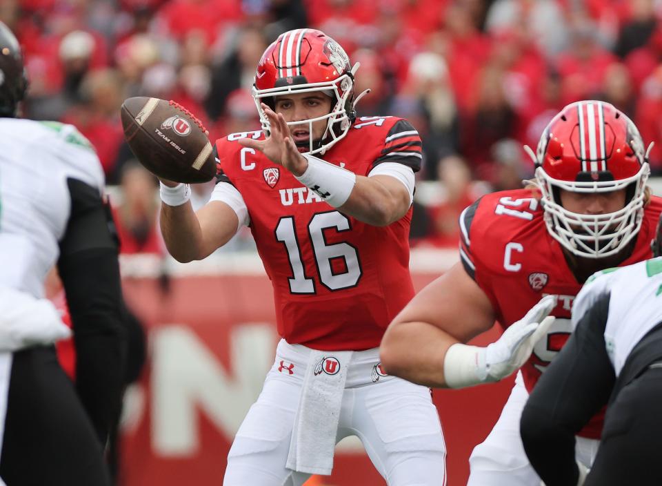 Utah Utes quarterback Bryson Barnes (16) take the snap against the Oregon Ducks in Salt Lake City on Saturday, Oct. 28, 2023. | Jeffrey D. Allred, Deseret News