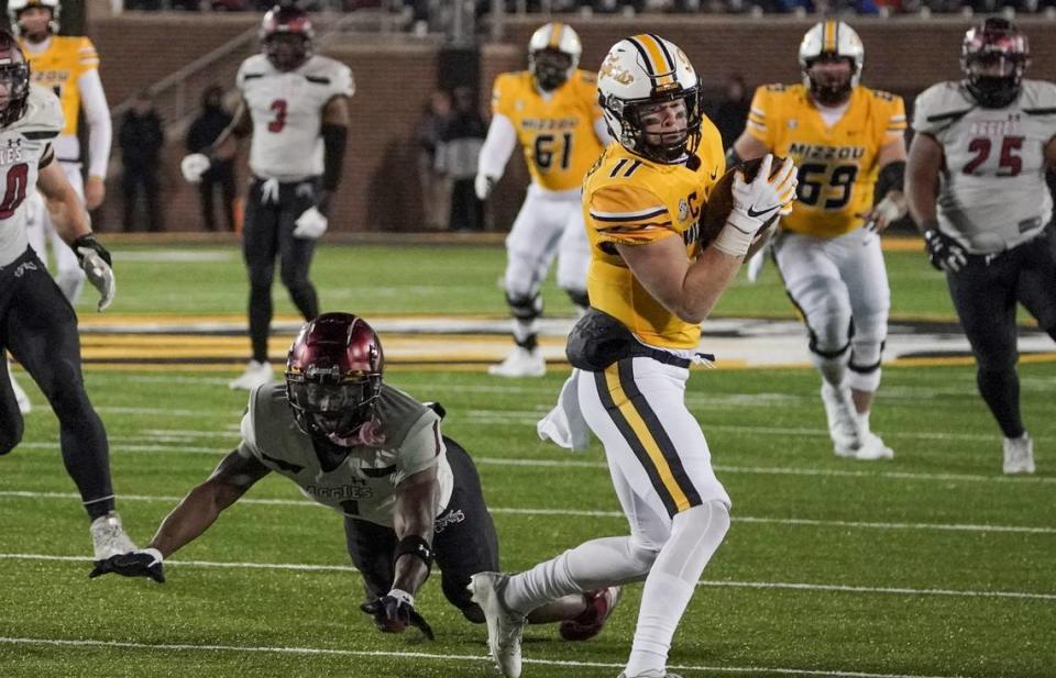 Missouri Tigers wide receiver Barrett Banister (11) catches a pass against New Mexico State at Faurot Field at Memorial Stadium on Nov. 19, 2022.