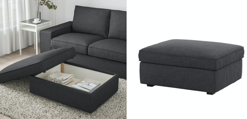IKEA 年度最熱銷TOP5：碳黑色 KIVIK收納椅凳  NT.6,990 KIVIK腳凳實用度遠遠超乎你的想像！除了安放雙腳用來休息，椅凳內有寬敞的儲物空間，方便你拿到常用的東西，同時保持椅凳附近乾淨整齊。HILLARED椅套以棉混聚酯纖維編造，既柔軟、舒適又耐用。