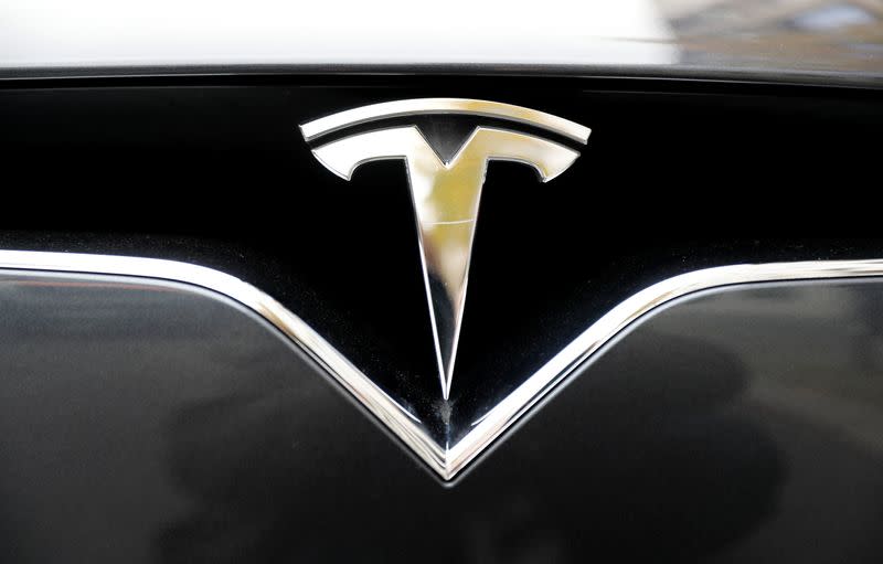 The company logo is pictured on a Tesla Model X electric car in Berlin