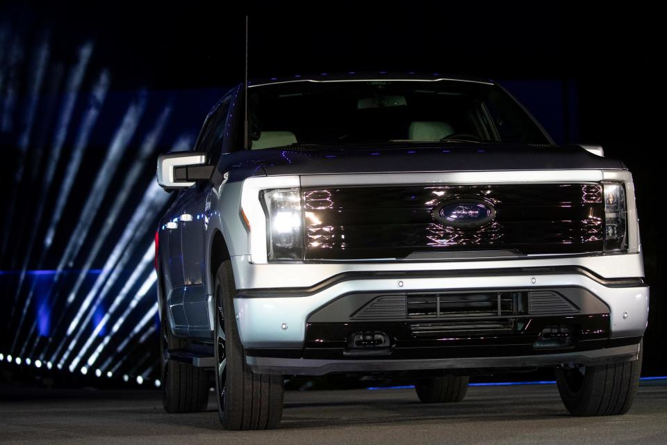 Ford unveils the electric F-150 Lightning at its world headquarters in Dearborn on Wednesday, May 19, 2021.