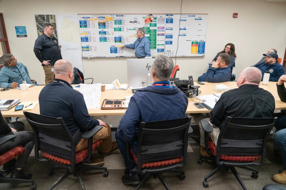 Bergen County Executive James Tedesco leads a meeting with his staff as they prepare for the snowstorm expected overnight at the Bergen County Annex in Paramus, NJ on Monday Feb. 12, 2024.