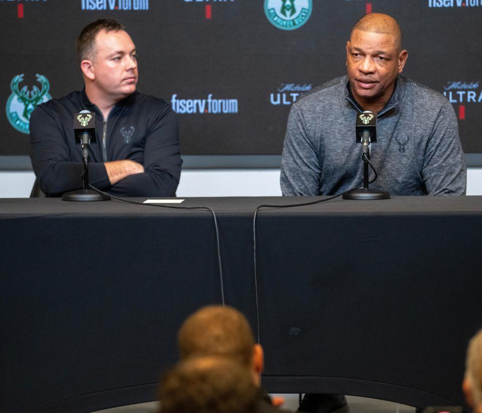 Milwaukee Bucks general manager Jon Horst, left, and Glenn “Doc” Rivers speak at a news conference Jan. 27, 2024 at Fiserv Forum. Rivers became the 18th head coach in franchise history after signing a multi-year deal.