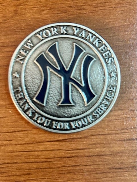 Commemorative coin given to Veteran of the Game at Yankee Stadium
(Photo: Photo by Nancy Radoslovich)