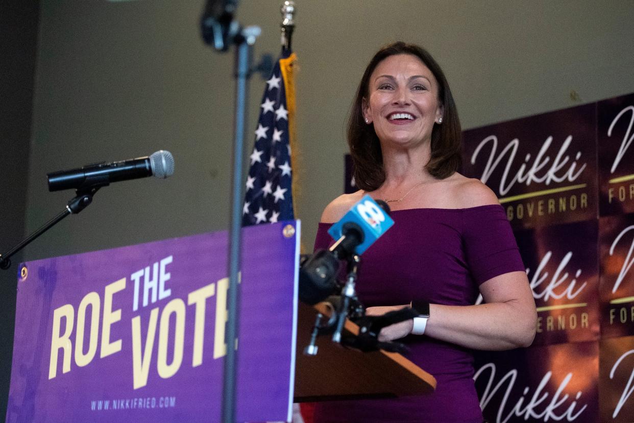 Florida Democratic Party Chair Nikki Fried, shown at a "Roe the Vote" event in 2022, when she unsuccessfully ran for governor, will be kicking off a statewide voter-registration tour in DeLand on Wednesday morning.