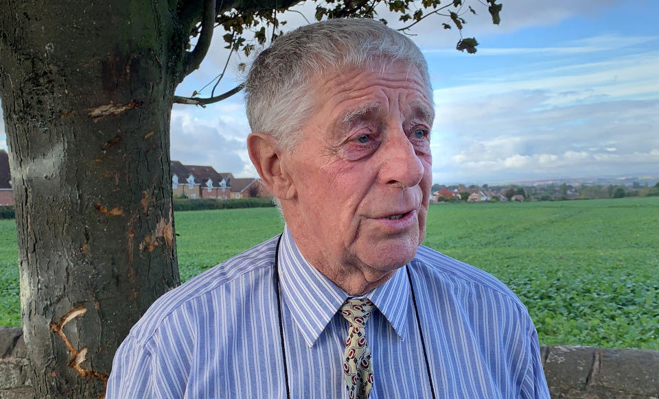 Peter Hall speaking at the scene in Rotherham about his grandson, Mason Hall, who died in a crash with two of his friends after a vehicle came off the road and struck a tree. Picture date: Monday October 25, 2021.