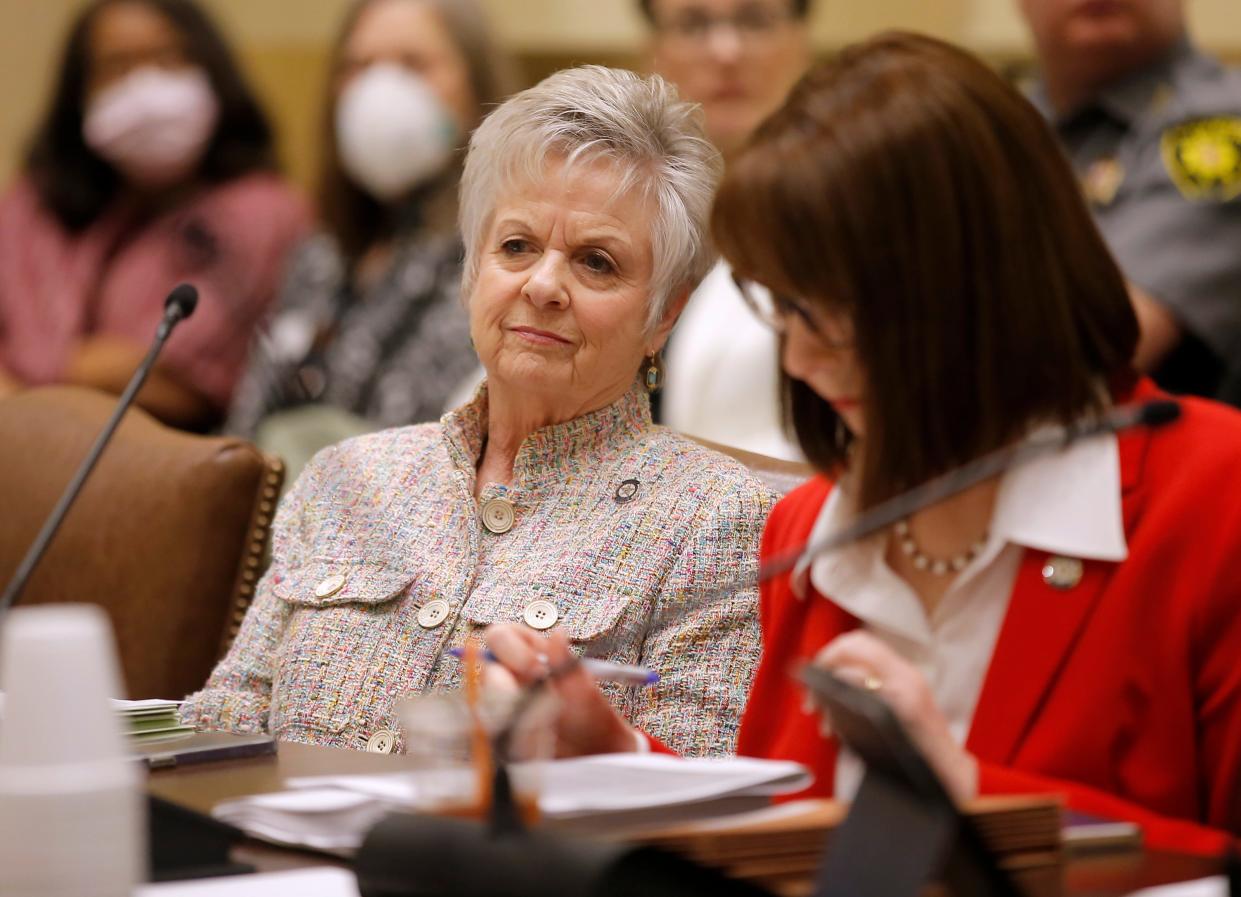 Sen. Julie Daniels listens to bill readings during the Senate judiciary committee meeting at the Oklahoma state Capitol in Oklahoma City, Tuesday, April, 11, 2023.