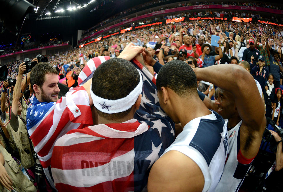 The United States players celebrate winning the Men's Basketball gold medal game between the United States and Spain. (Getty Images)