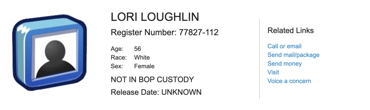 Lori Loughlin is registered in the Bureau of Prisons inmate lookup. For her two-month term, she will be known as inmate 77827-112. (Screenshot: BOP)