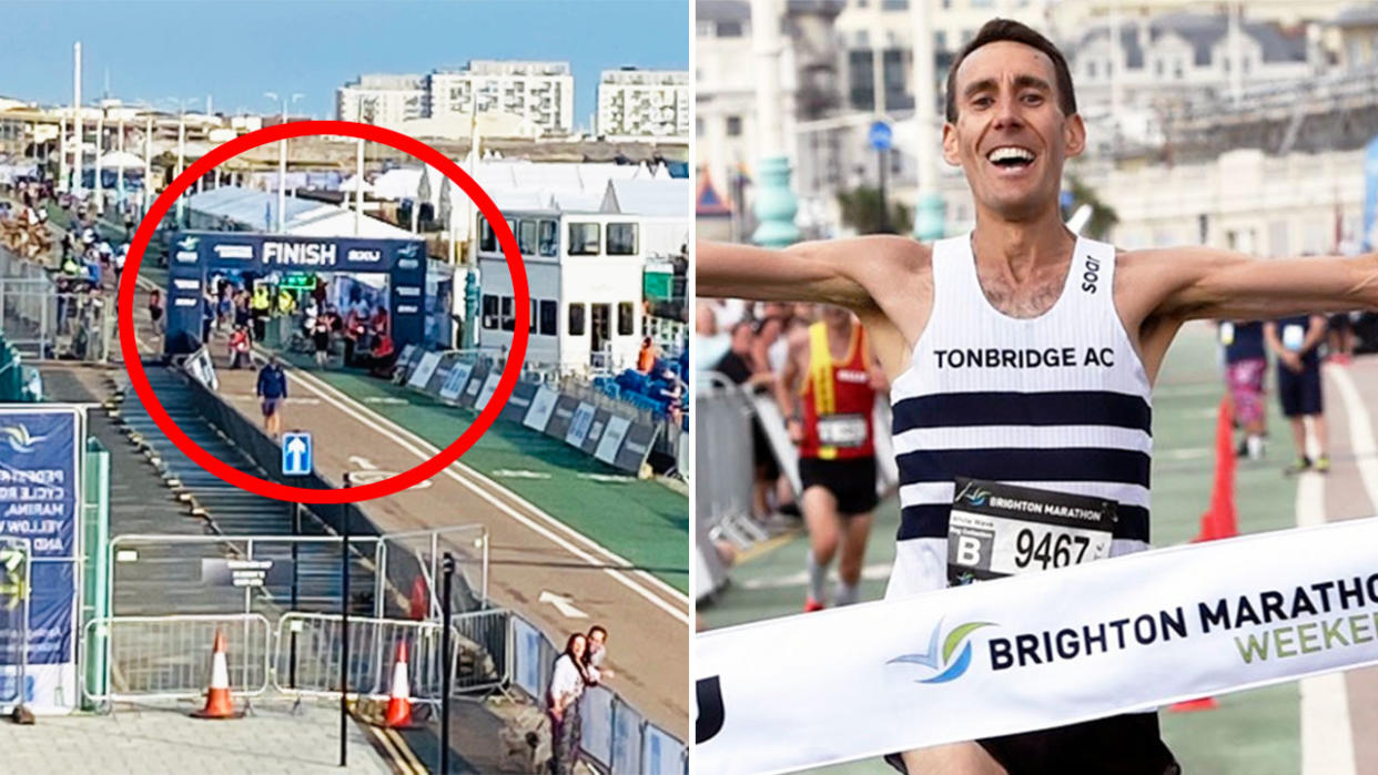 Pictured here, Neil McClements celebrates after winning the 2021 Brighton Marathon.