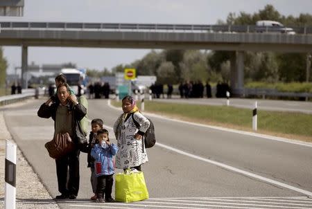 Migrants stand on the highway after leaving a collection point in the village of Roszke, Hungary September 9, 2015. REUTERS/Marko Djurica