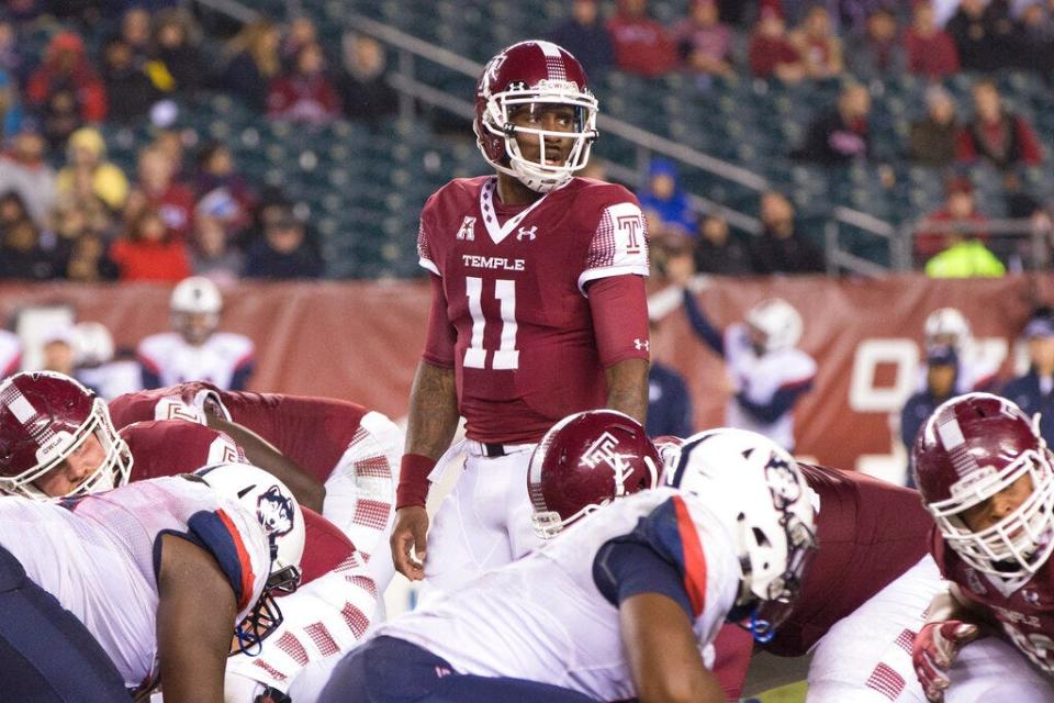 Former Temple quarterback P.J. Walker (11) looks over to the sidelines from under center during the second half of an NCAA college football game, Saturday, Nov. 28, 2015, in Philadelphia. Temple won 27-3. (AP Photo/Chris Szagola)